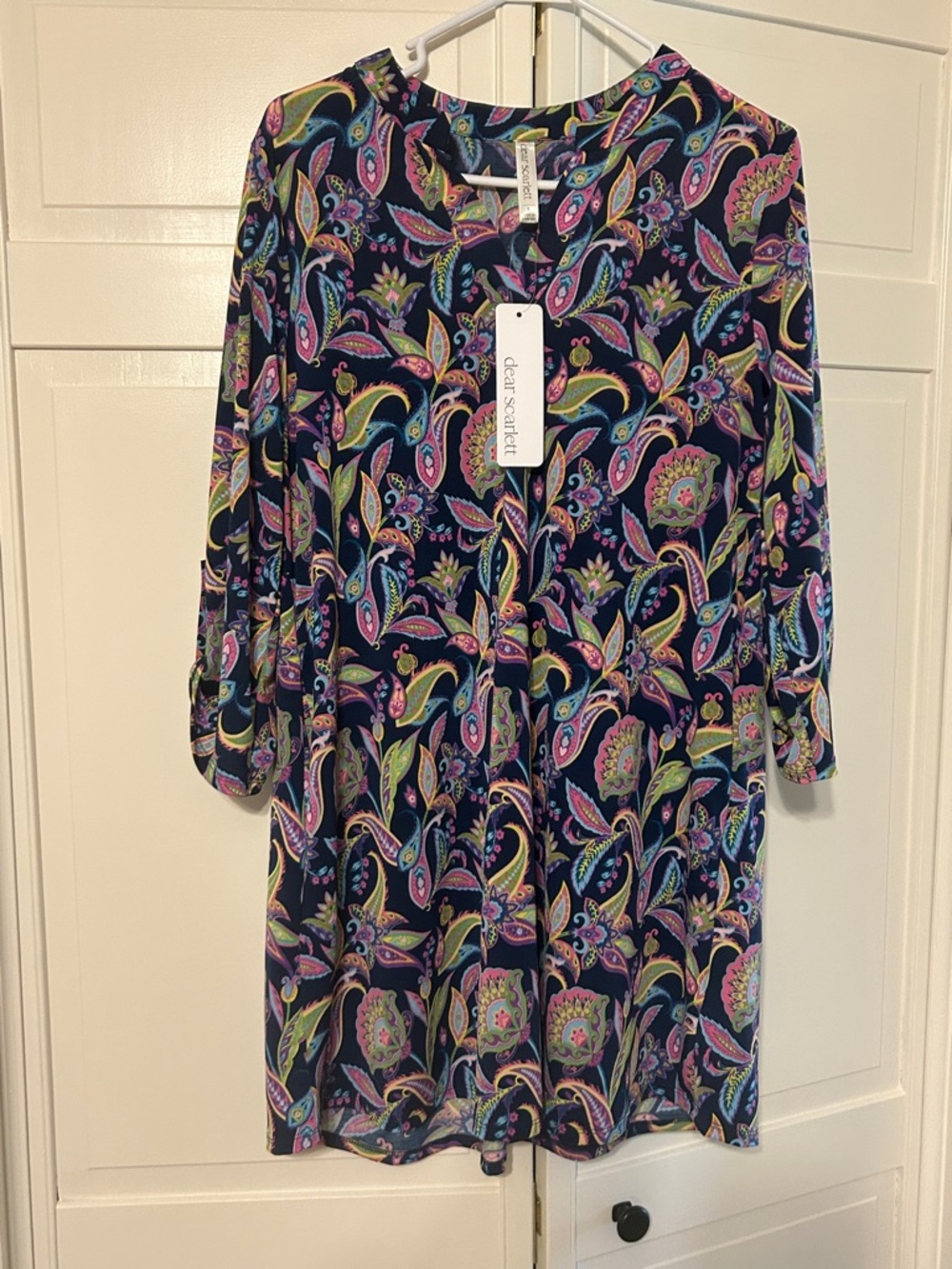 Dear Scarlett Navy Paisley Floral 3/4 tab sleeve Shift Dress